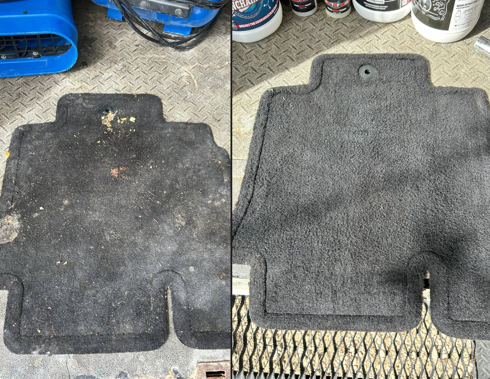Vehicle floor mat before and after cleaning.